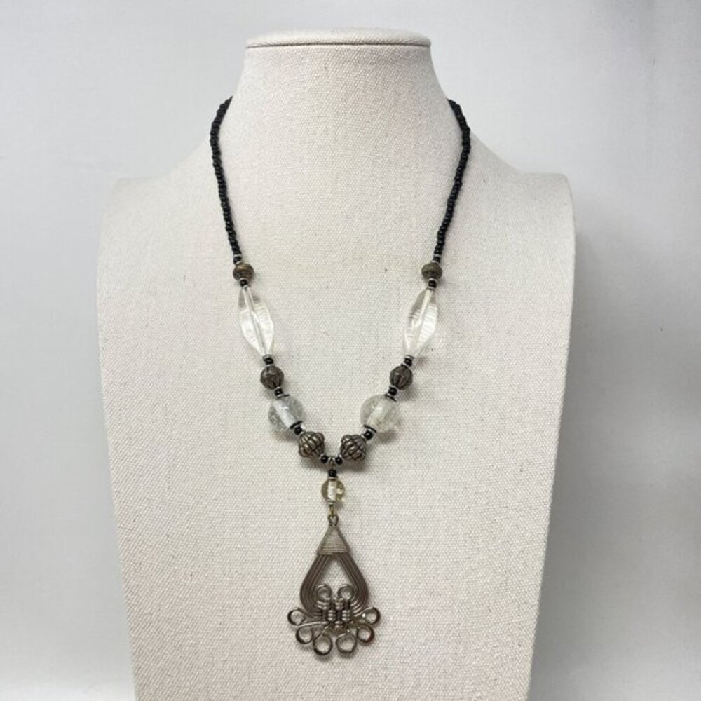 Handcrafted Boho Beaded Necklace Wire-Wrapped Pendant Glass Beads